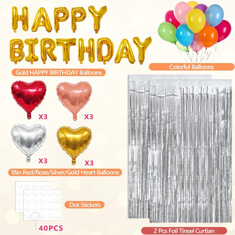 wohohoho 77Pcs Silver Happy Birthday Party Decorations Kit, Happy Birthday Banner, Silver Streamers Foil Tinsel Backdrop, 4 Colors Heart Balloons with 50Pcs Colorful Balloons Party Decor for Women Men Boy Teen - Image 2