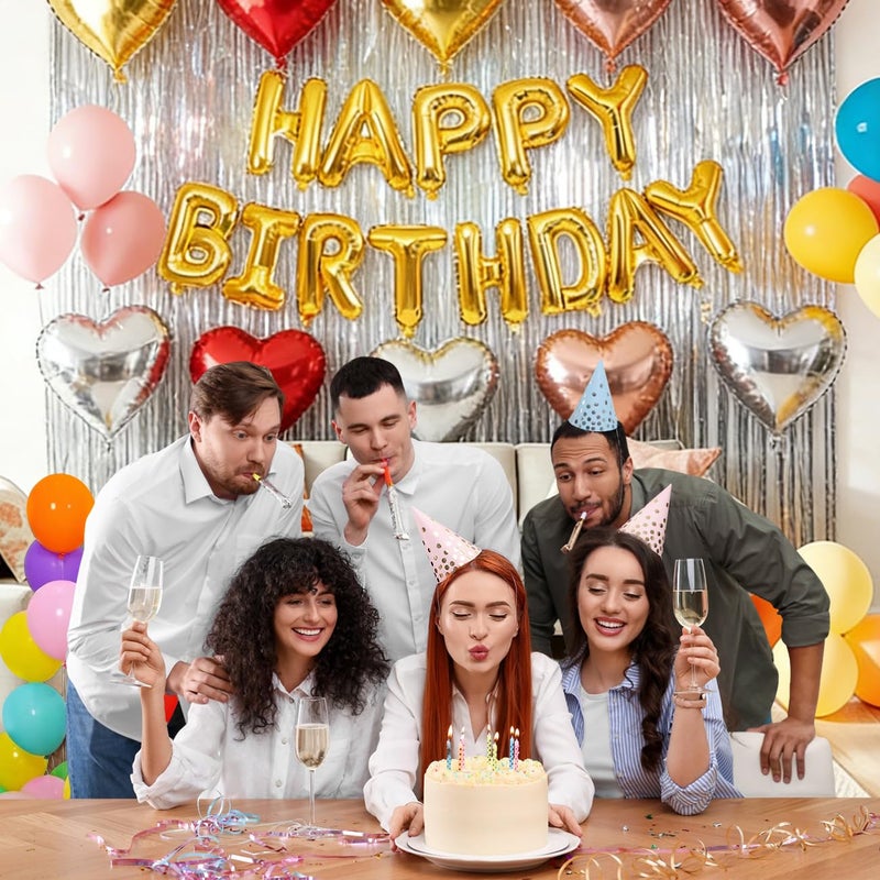 wohohoho 77Pcs Silver Happy Birthday Party Decorations Kit, Happy Birthday Banner, Silver Streamers Foil Tinsel Backdrop, 4 Colors Heart Balloons with 50Pcs Colorful Balloons Party Decor for Women Men Boy Teen - Image 5