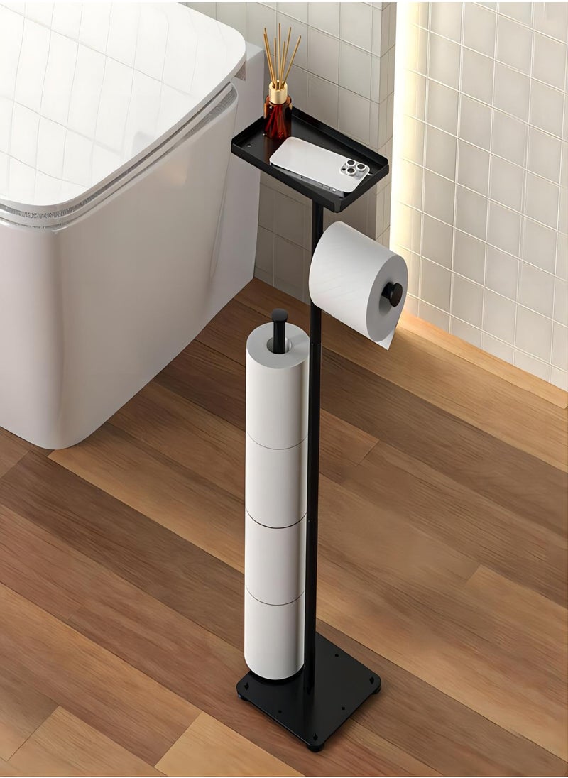 Sharpdo Black Toilet Paper Holder Stand,Free Standing Toilet Paper Holder Stand with Top Shelf, Bathroom Toilet Paper Holder Stand with Reserve, Apartment Restroom Household Home Essentials  - Image 1