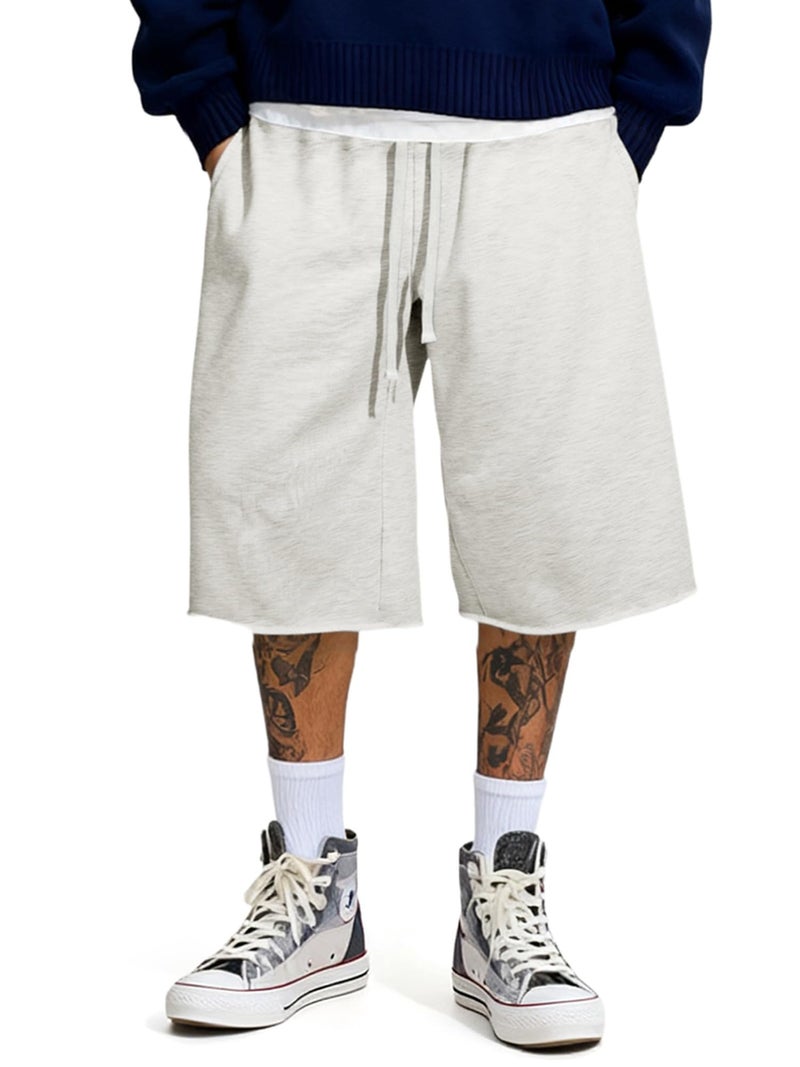 JMIERR 2026 Men's Baggy Sweat Shorts Lightweight Under Knee Casual Raw Hem Drawstring Y2K Shorts Loose Fit Gym Shorts - Image 1