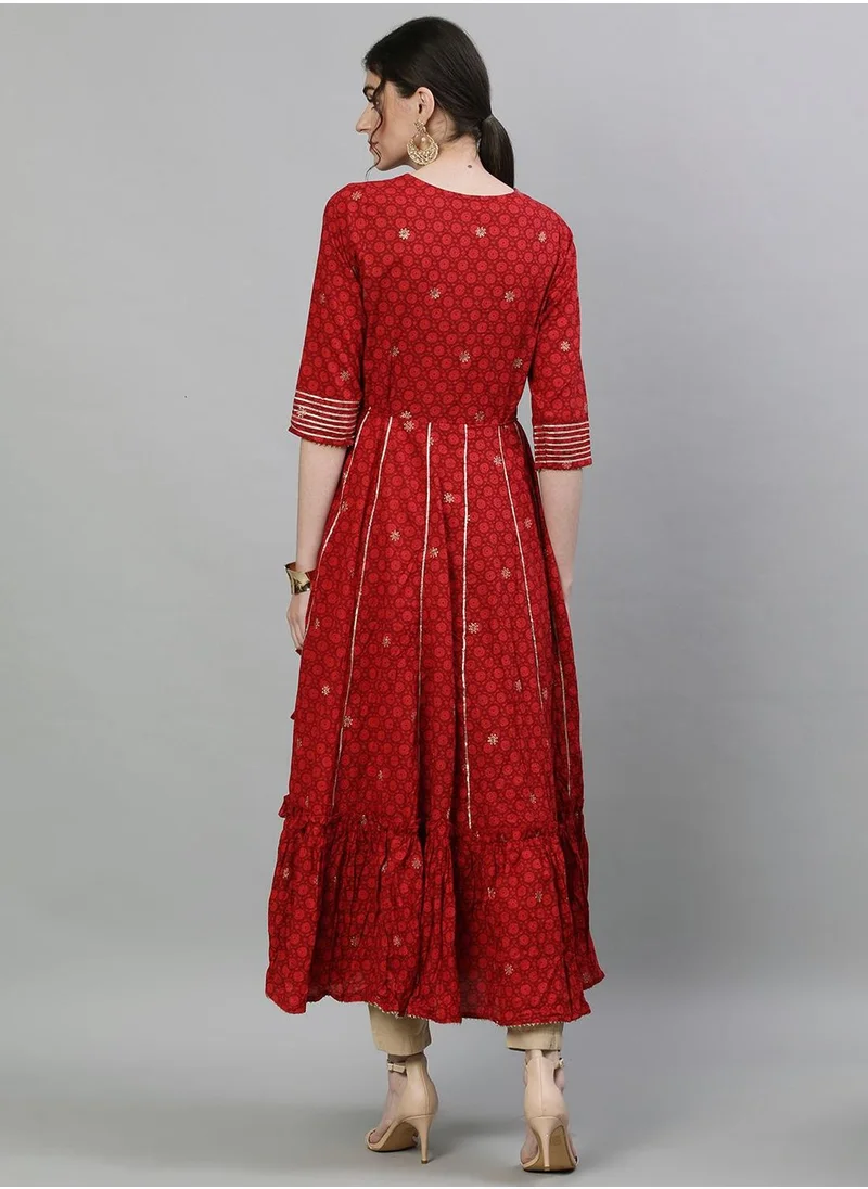 ISHIN Women Red Ethnic Motifs Embroidered Tiered Anarkali Kurta