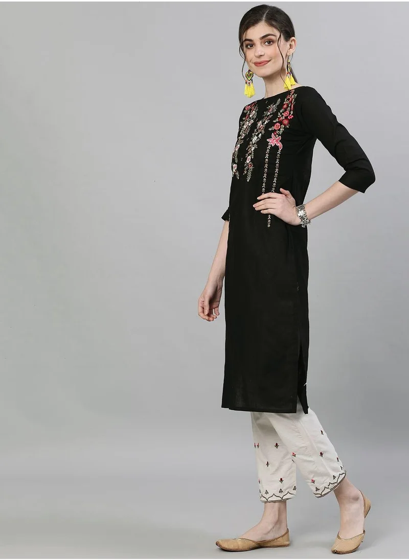 آي شين Regular Fit Embroidered Pattern Round Neck Neck Three-Quarter Sleeve Black Colour Knitted Cotton Kurta Set for Women with Mid-Rise Closure - A Timeless Addition to Your Collection