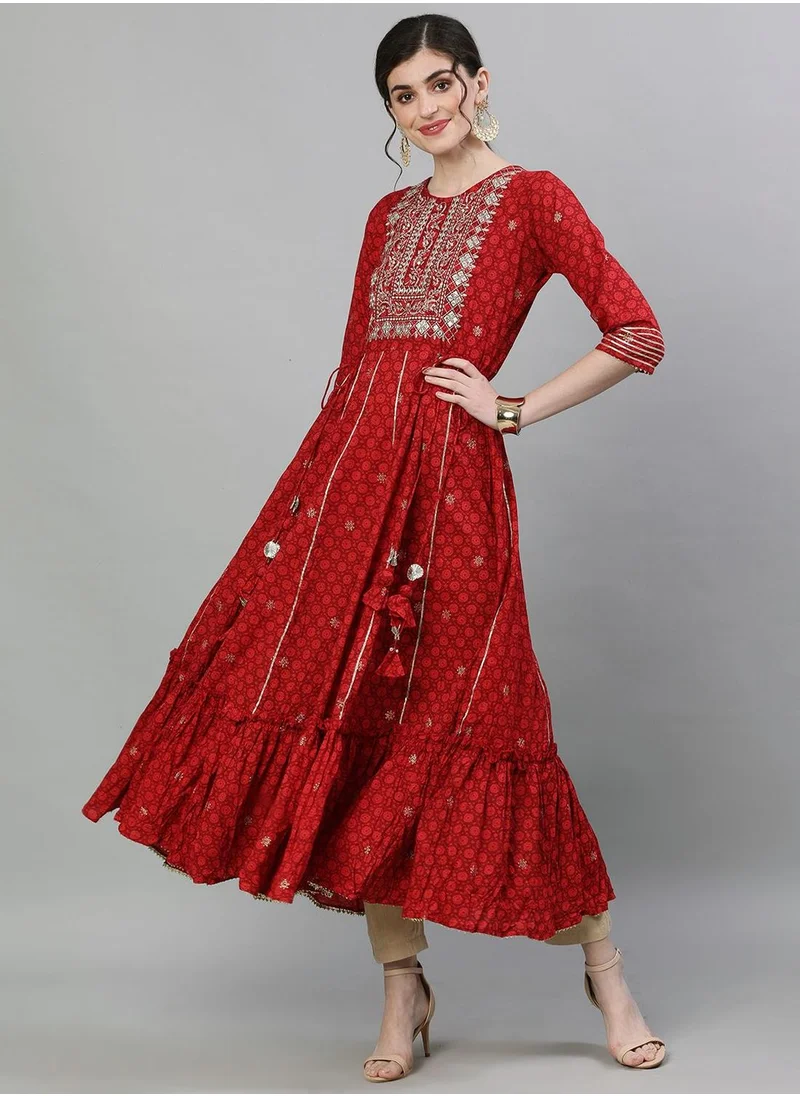 آي شين Aline Fit Self Design Pattern Round Neck Neck Short Sleeves Red Colour Knitted Cotton Kurtis for Women with Semi Elastic Closure - Perfect for your Festive Celebrations