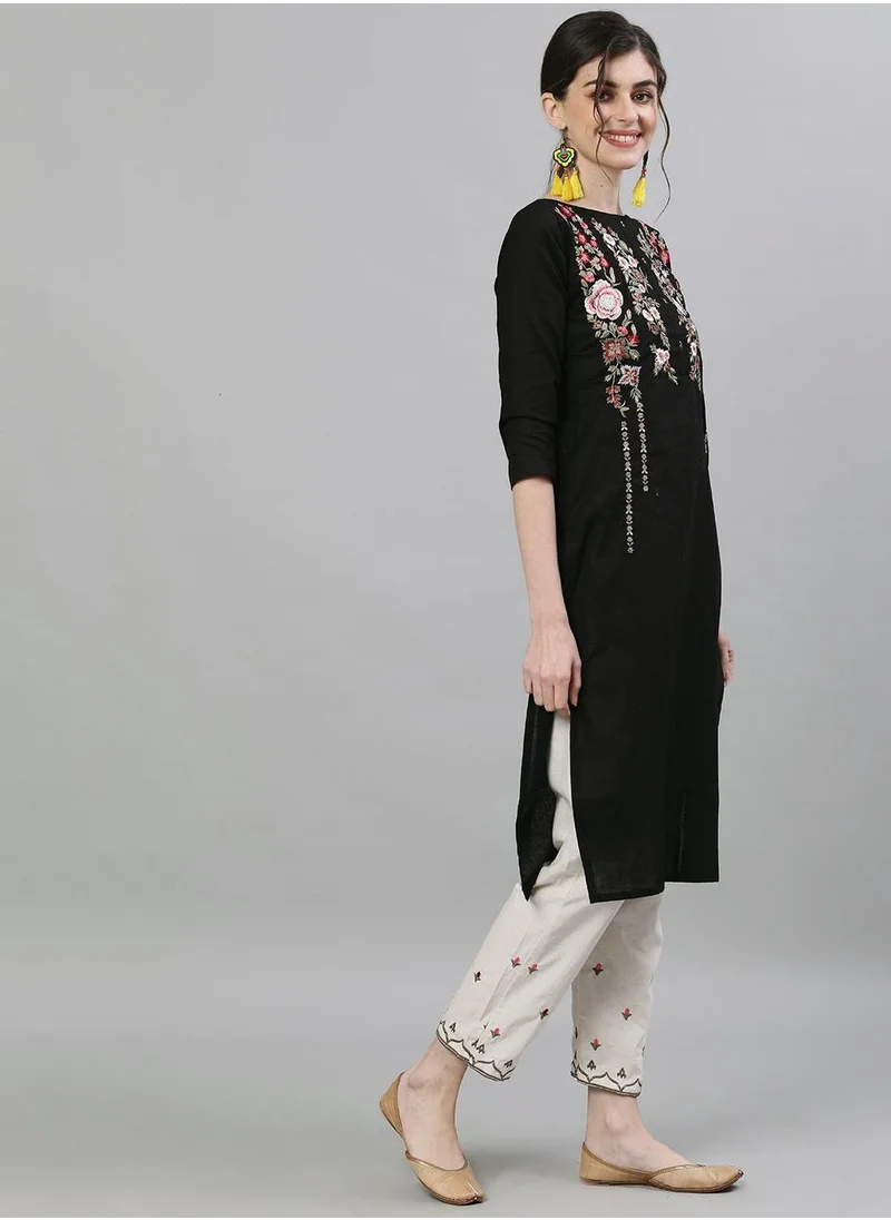 آي شين Regular Fit Embroidered Pattern Round Neck Neck Three-Quarter Sleeve Black Colour Knitted Cotton Kurta Set for Women with Mid-Rise Closure - A Timeless Addition to Your Collection
