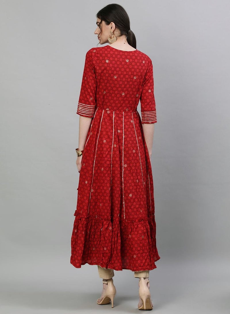 ISHIN Women's Red 100% Cotton Self Design A-Line Kurta  - Image 2