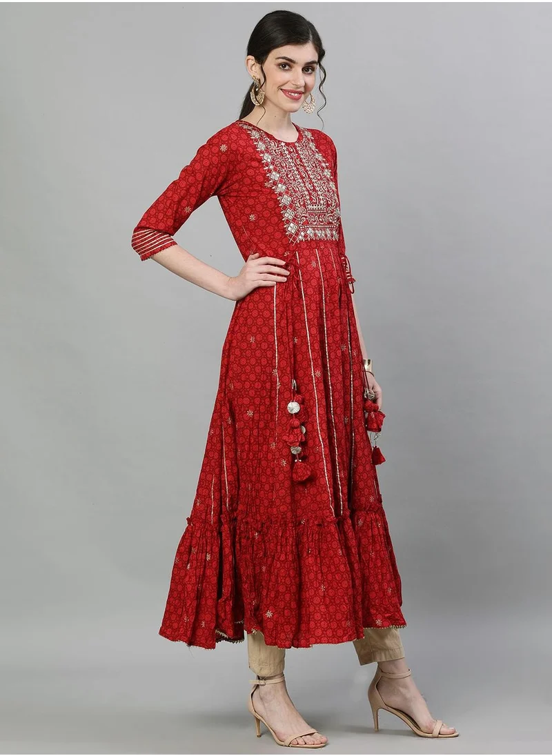 آي شين Aline Fit Self Design Pattern Round Neck Neck Short Sleeves Red Colour Knitted Cotton Kurtis for Women with Semi Elastic Closure - Perfect for your Festive Celebrations