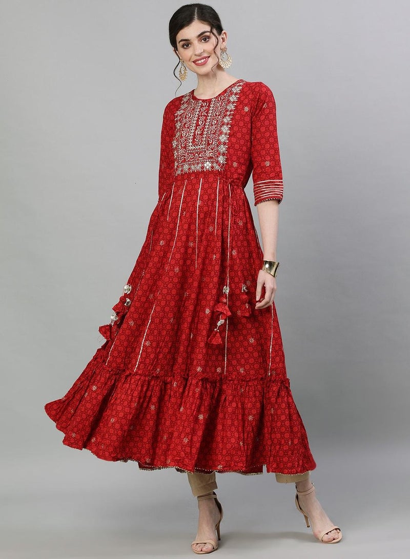 ISHIN Women's Red 100% Cotton Self Design A-Line Kurta  - Image 1