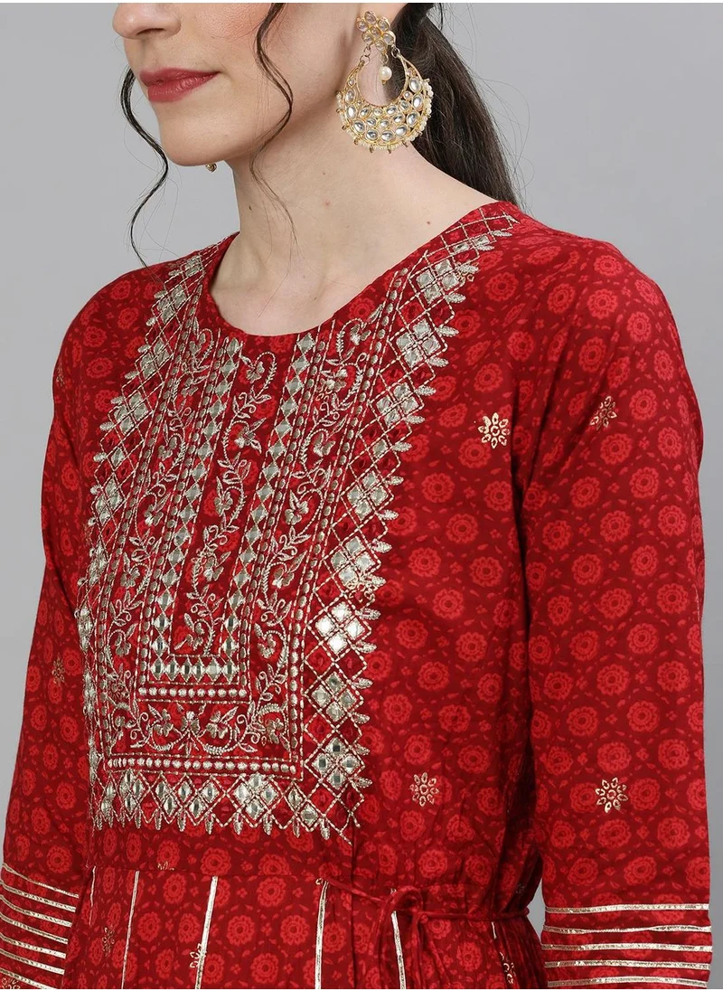 آي شين Aline Fit Self Design Pattern Round Neck Neck Short Sleeves Red Colour Knitted Cotton Kurtis for Women with Semi Elastic Closure - Perfect for your Festive Celebrations