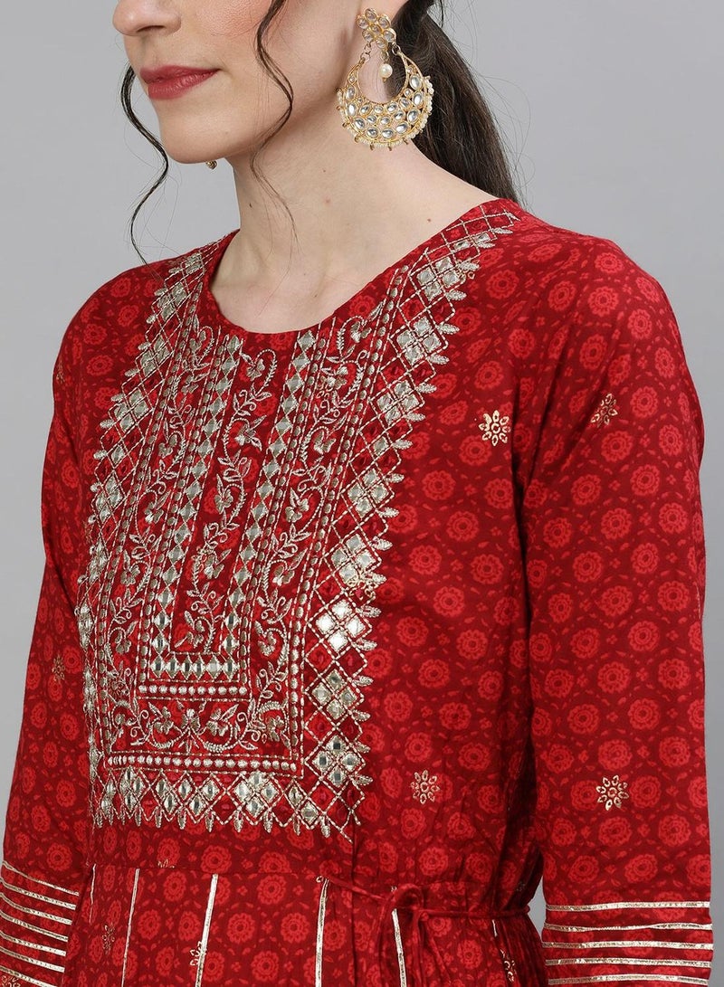 ISHIN Women's Red 100% Cotton Self Design A-Line Kurta  - Image 3