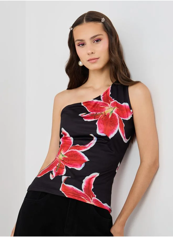 تايك تو Take Two Floral Print One Shoulder Sleeveless Top