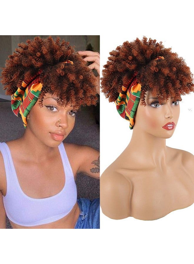 Aisaide Wrap Wigs for Black Women,Short Kinky Curly Wigs Brown Wigs with Bangs Headwrap Wigs 2 in 1,Synthetic Short Afro Wigs High Puff Full Wigs Ombre Brown Wig with Scarf Turban Drawstring Wig - Image 1