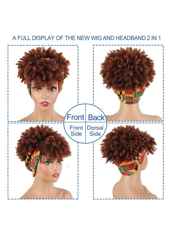 Aisaide Wrap Wigs for Black Women,Short Kinky Curly Wigs Brown Wigs with Bangs Headwrap Wigs 2 in 1,Synthetic Short Afro Wigs High Puff Full Wigs Ombre Brown Wig with Scarf Turban Drawstring Wig - Image 2
