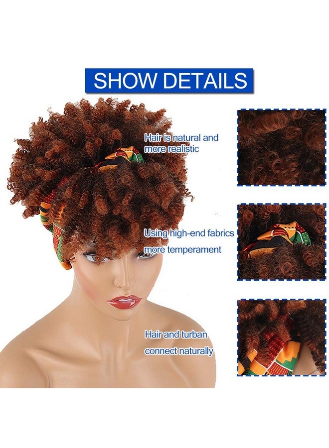 Aisaide Wrap Wigs for Black Women,Short Kinky Curly Wigs Brown Wigs with Bangs Headwrap Wigs 2 in 1,Synthetic Short Afro Wigs High Puff Full Wigs Ombre Brown Wig with Scarf Turban Drawstring Wig - Image 5