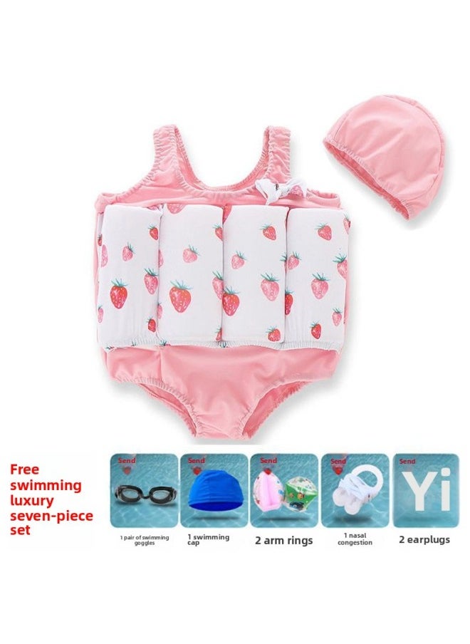 Loquat Children's Buoyancy Swimsuit Boys And Girls Baby Children's One-piece Swimsuit Summer Swimming Equipment Suit Boys-Color:Pink Strawberry + Luxury Seven-piece Set-  - Image 1