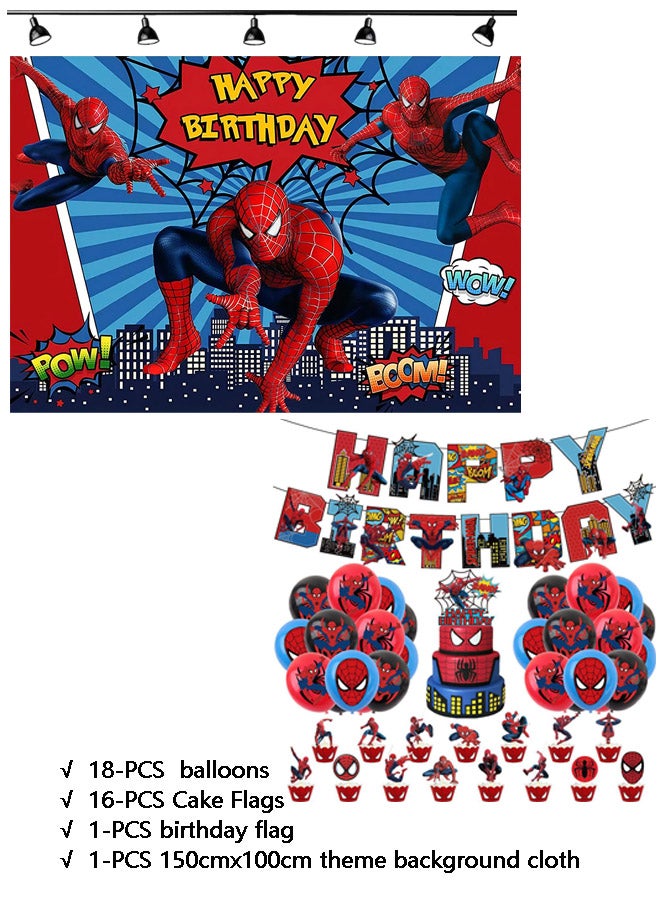 SPIDER 36-piece set of theme birthday party supplies including background cloth (size 150cmx100cm) - Image 1