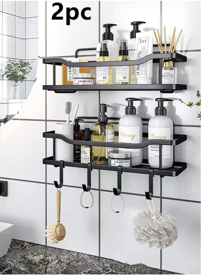 2-Piece Bathroom Rack Shower Shampoo Organizer Wall Mounted Storage Rack And Hooks Black 