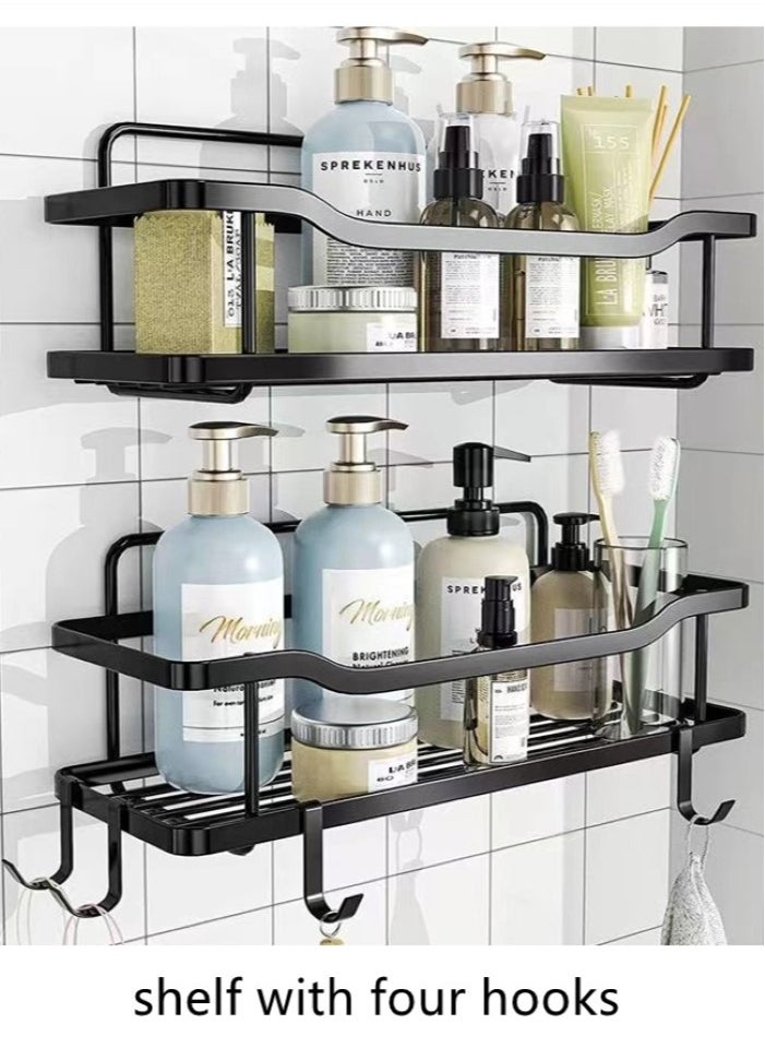 Kutis 2-Piece Bathroom Rack Shower Shampoo Organizer Wall Mounted Storage Rack And Hooks Black  - Image 3