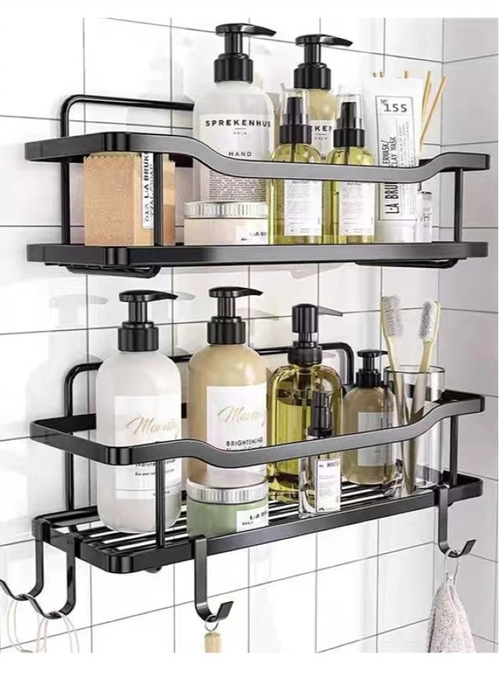 Kutis 2-Piece Bathroom Rack Shower Shampoo Organizer Wall Mounted Storage Rack And Hooks Black  - Image 2