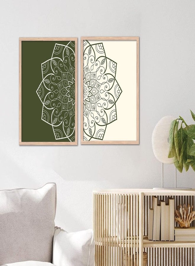 VASL™ Abstract Modern Wall Art Paintings with Frame for Home Decoration - Mandala Art Paintings for Living Room - Flower Theme Wall Posters (13 inch x 17 inch, Framed) Set of 2 (GREEN) - Image 1