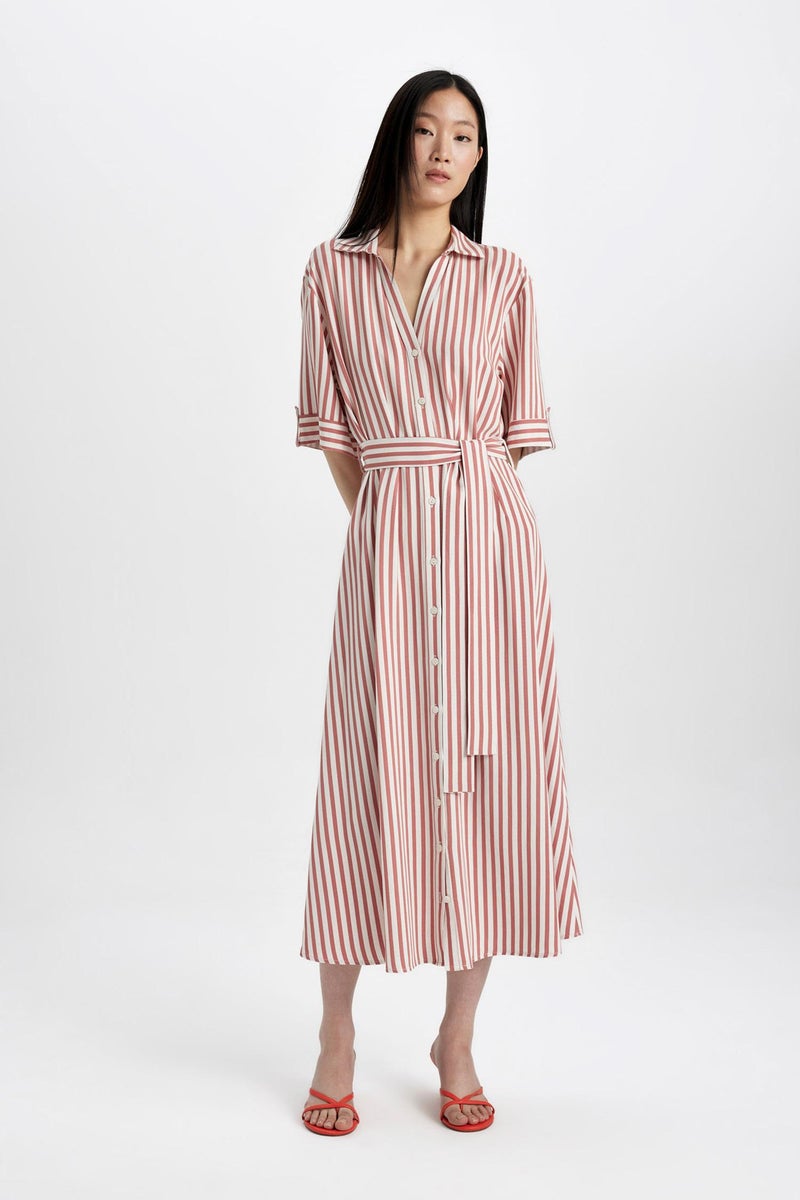 DeFacto Orange Woman Shirt Collar Striped Belted Linen Midi Dress Casual - Image 5