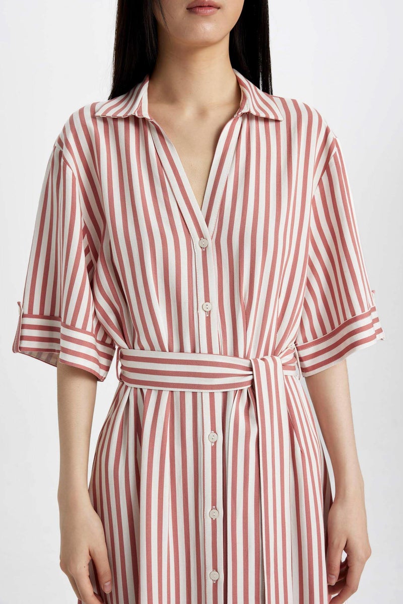 DeFacto Orange Woman Shirt Collar Striped Belted Linen Midi Dress Casual - Image 4