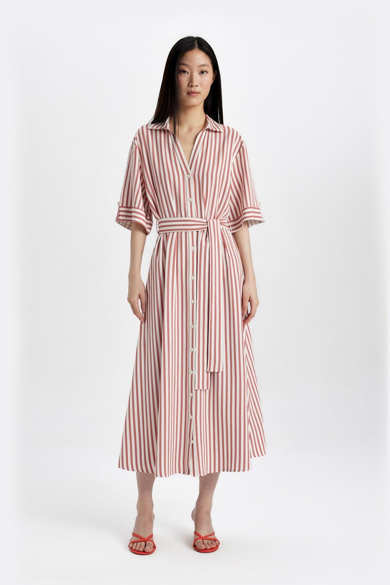 DeFacto Orange Woman Shirt Collar Striped Belted Linen Midi Dress Casual - Image 2