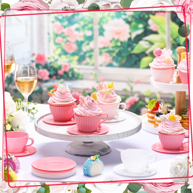 Vesici 24 Pcs Silicone Teacup Cupcake Molds Muffin Cups for Baking, Teacup Cupcake Liners, Reusable Baking Muffin Liners for Bridal Baby Shower Birthday Tea Party, 12 Cups 12 Saucers, White and Pink - Image 2