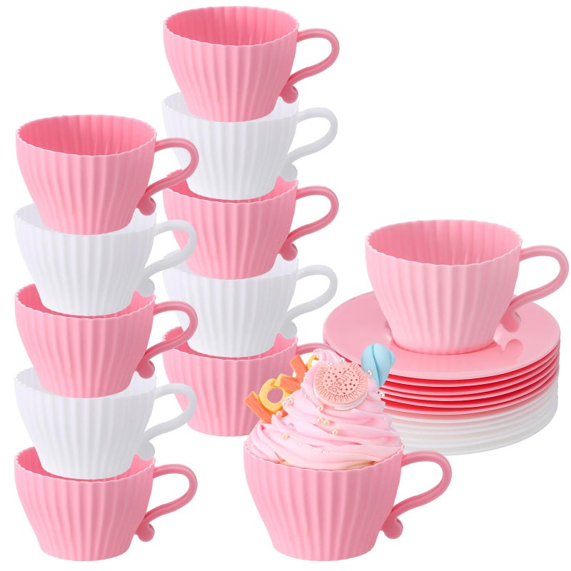 Vesici 24 Pcs Silicone Teacup Cupcake Molds Muffin Cups for Baking, Teacup Cupcake Liners, Reusable Baking Muffin Liners for Bridal Baby Shower Birthday Tea Party, 12 Cups 12 Saucers, White and Pink - Image 1