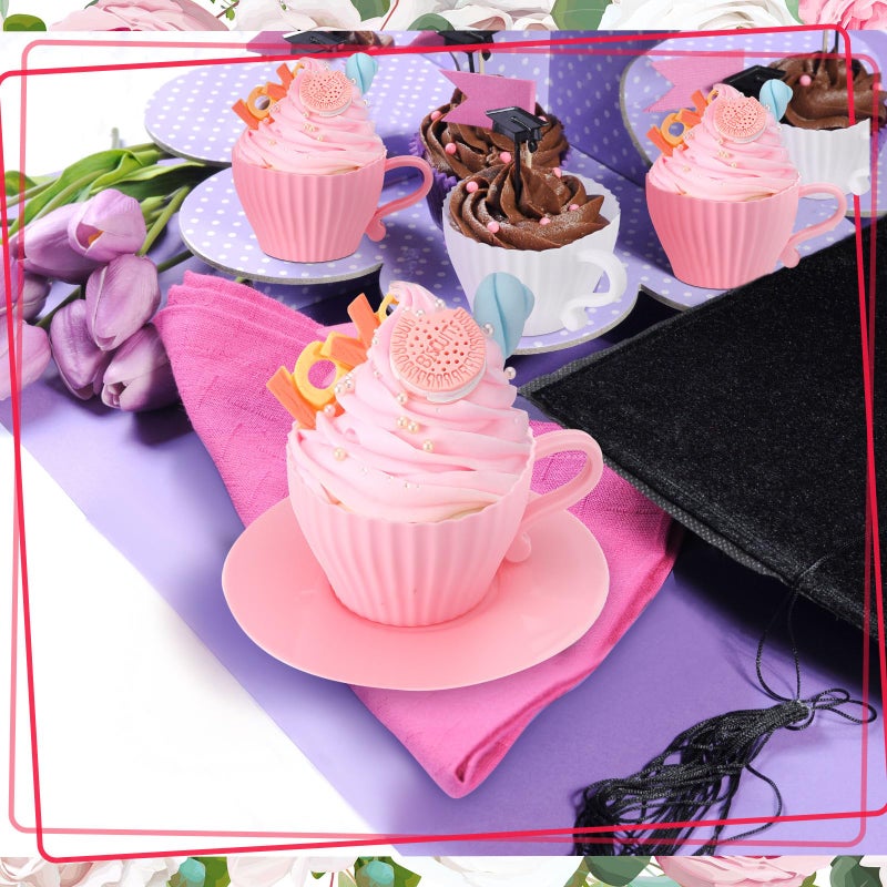 Vesici 24 Pcs Silicone Teacup Cupcake Molds Muffin Cups for Baking, Teacup Cupcake Liners, Reusable Baking Muffin Liners for Bridal Baby Shower Birthday Tea Party, 12 Cups 12 Saucers, White and Pink - Image 5