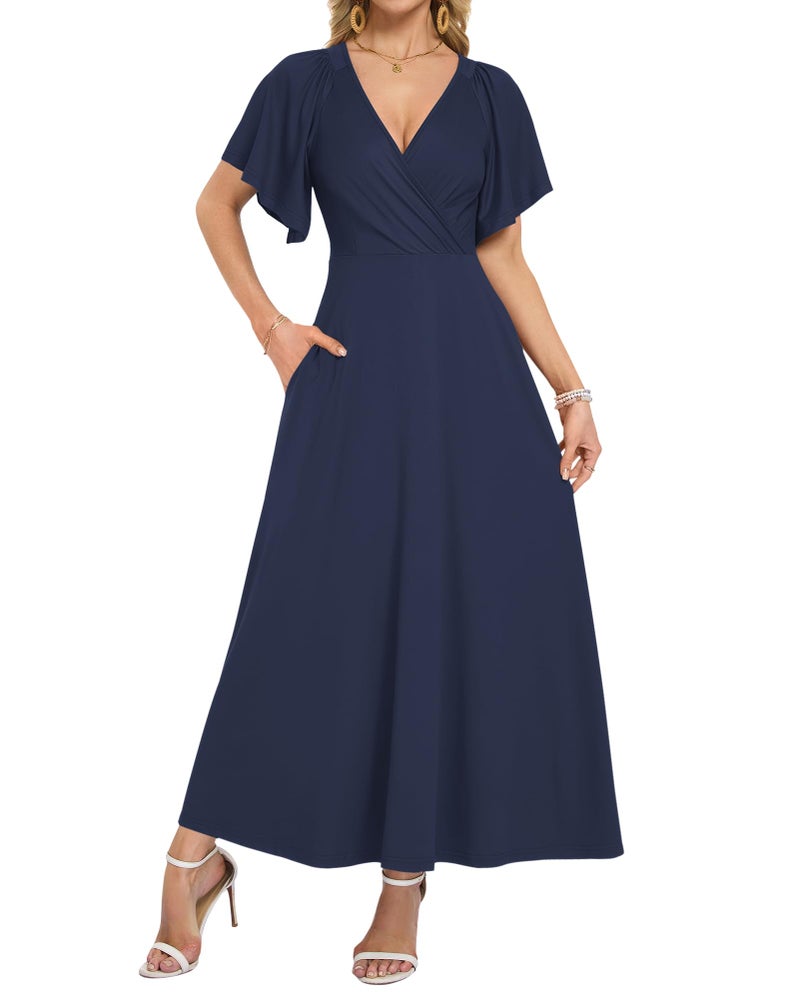 AUSELILY Maxi Dresses Women 2026 Summer Long Flowy Wrap Dress Ruffle Sleeve Deep V Neck Maternity Dress with Pockets Navy Blue XL - Image 1