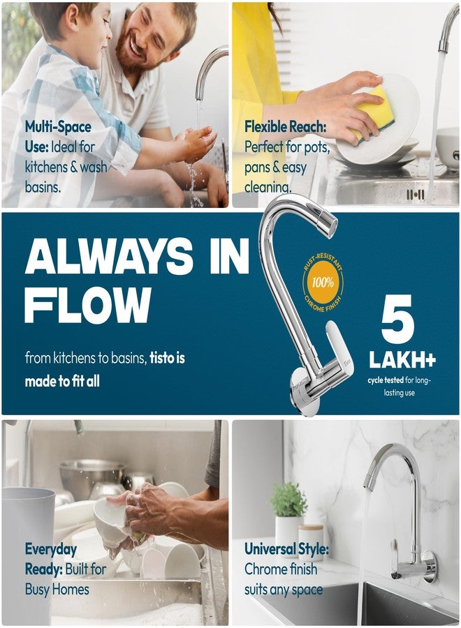 Tisto 10 Year Warranty Sink Tap Faucet for Kitchen Home Flexible 360 Rotating Spout, Chrome Finish, Full Brass Construction, Wall Mounted Tap for Sinks (Pack of 2) - Image 5