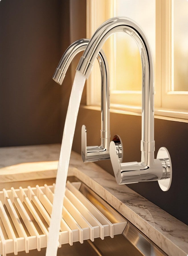 Tisto 10 Year Warranty Sink Tap Faucet for Kitchen Home Flexible 360 Rotating Spout, Chrome Finish, Full Brass Construction, Wall Mounted Tap for Sinks (Pack of 2) - Image 1
