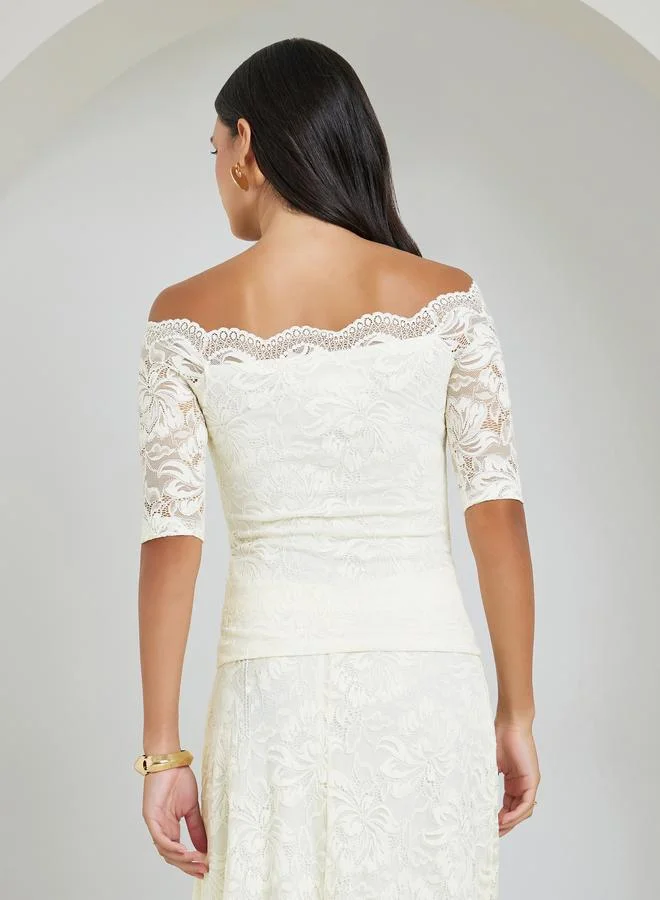 Styli  Cream Lace Off-Shoulder Top for Women | Best Price UAE