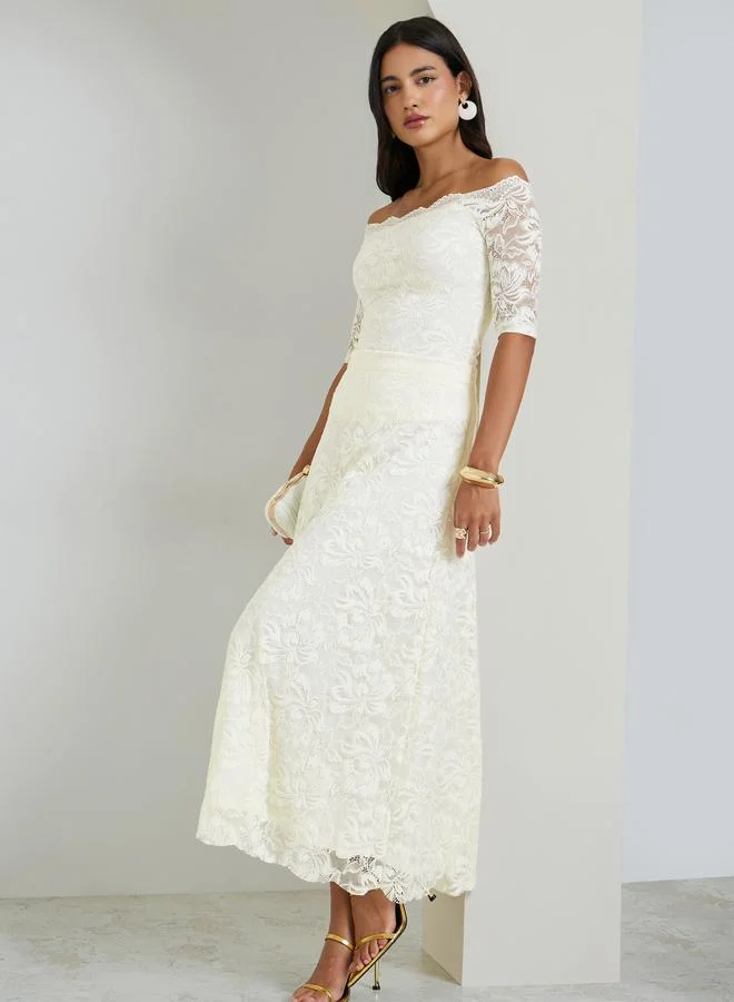 Styli  Cream Lace Off-Shoulder Top for Women | Best Price UAE