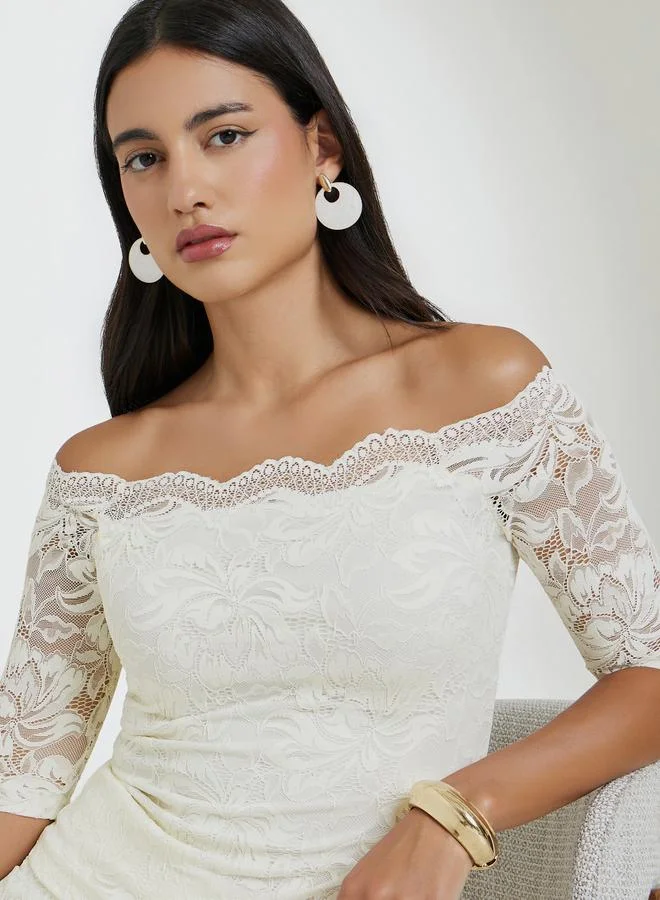 Styli  Cream Lace Off-Shoulder Top for Women | Best Price UAE