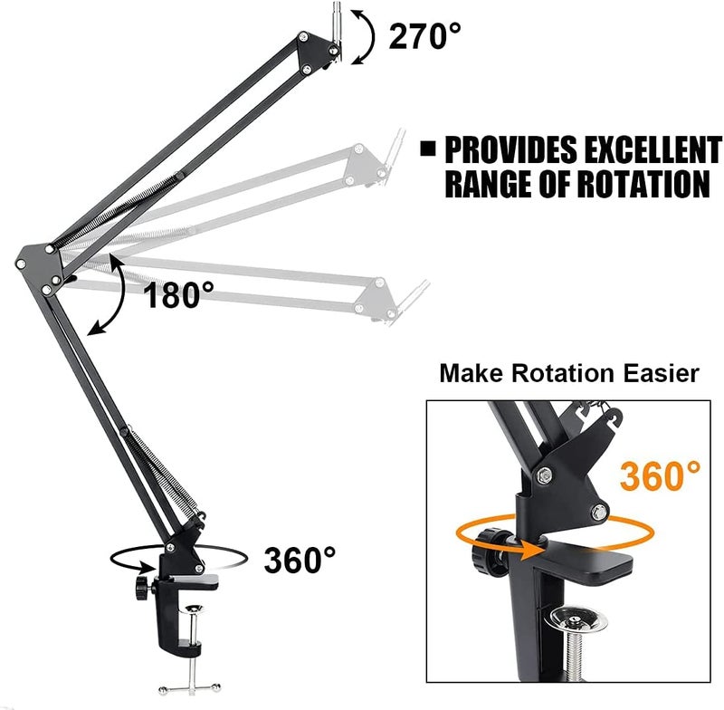 Audio Array AA-06 Microphone Boom Arm with 35cm+35cm=70cm Adjustable Suspension Scissor Arm Stand, Shock Mount, Base Clamp, Pop-Filter, 3/8" to 5/8" Universal Screw Adapter, 4x Cable Ties - Image 3