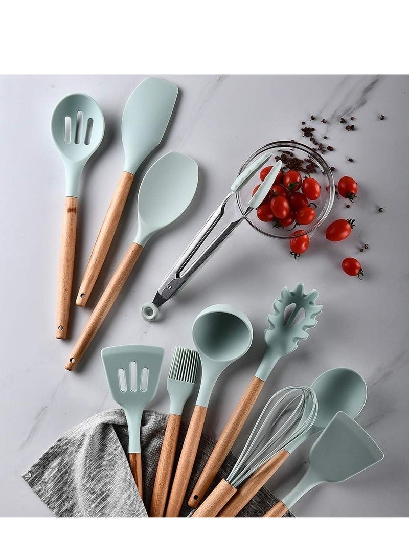 ELTRAZONE Silicone Cooking Kitchen 11PCS Wooden Utensils Tool for Nonstick Cookware,Cooking Utensils Set with Bamboo Wood Handles for Nonstick Cookware，Non Toxic Turner Tongs Spatula Spoon Set - Image 2