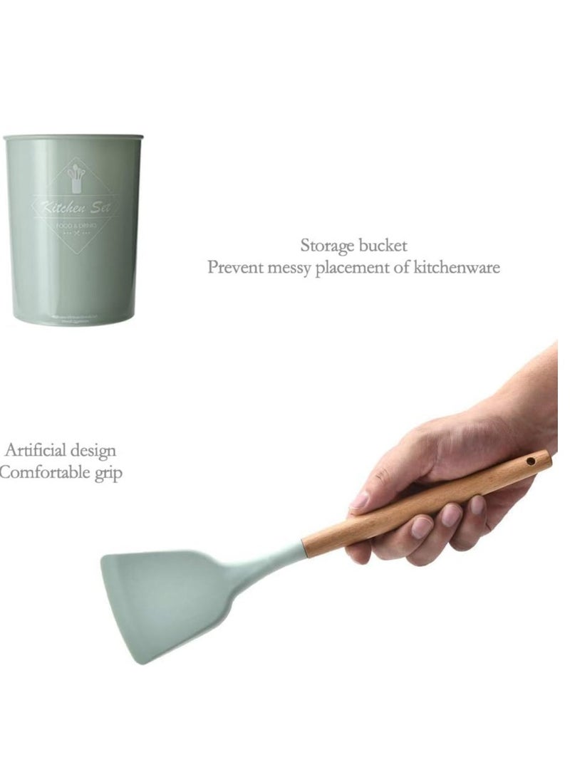 ELTRAZONE Silicone Cooking Kitchen 11PCS Wooden Utensils Tool for Nonstick Cookware,Cooking Utensils Set with Bamboo Wood Handles for Nonstick Cookware，Non Toxic Turner Tongs Spatula Spoon Set - Image 4