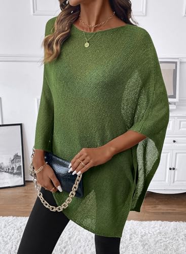 Shein SHEWIN Women's Tops Casual Sheer Knit Poncho Tops for Women Lightweight See Through Vacation Outfits Crochet Mesh Summer Spring Tops for Women,(US 12-14) L,Green - Image 5