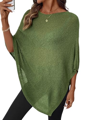 Shein SHEWIN Women's Tops Casual Sheer Knit Poncho Tops for Women Lightweight See Through Vacation Outfits Crochet Mesh Summer Spring Tops for Women,(US 12-14) L,Green - Image 1