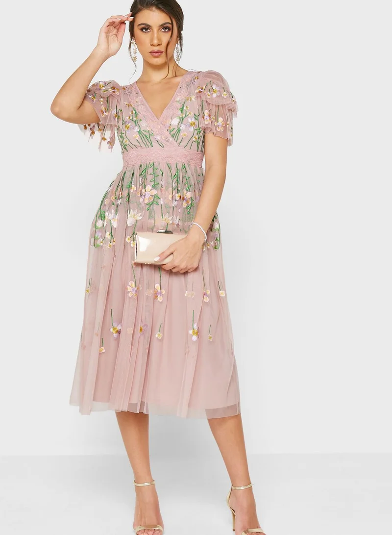 Frock and Frill Embroidered Mesh Detail Dress