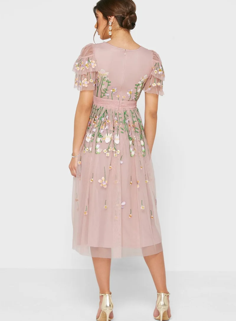 Frock and Frill Embroidered Mesh Detail Dress