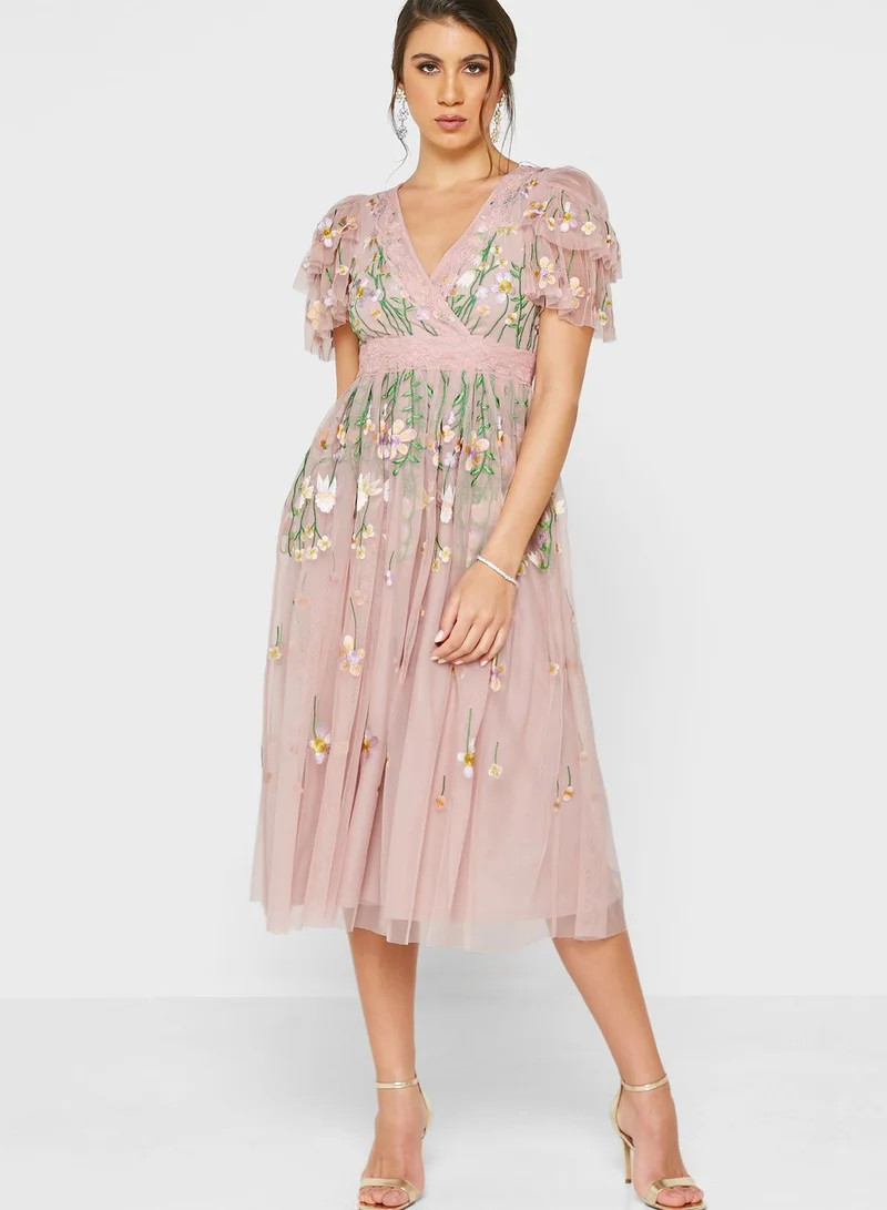 Frock and Frill Embroidered Mesh Detail Dress