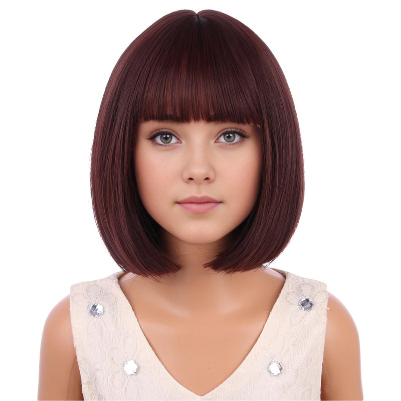 PATTNIUM Kids Brown Wig with Bangs Child Short Brown Bob Wig for Girls Cosplay Party Synthetic Rose Net Daily Wear