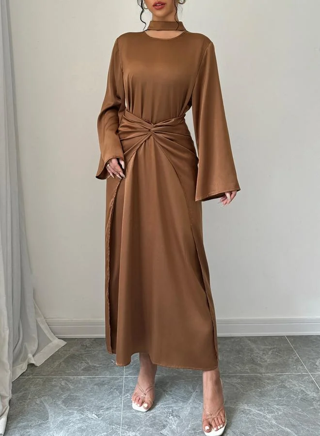 Take Two Take Two Solid Twist Waist Long Sleeve Midi Dress