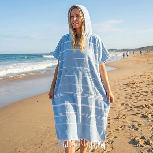 Twistover 1 Pcs Large Turkish Cotton Towel Poncho Surf Poncho 47 x 71 Inch Hooded Changing Towels Wearable Beach Towel Swim Robe with Pocket for Adult Men Women Beach Pool (Blue) - Image 2
