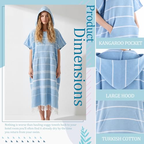 Twistover 1 Pcs Large Turkish Cotton Towel Poncho Surf Poncho 47 x 71 Inch Hooded Changing Towels Wearable Beach Towel Swim Robe with Pocket for Adult Men Women Beach Pool (Blue) - Image 5