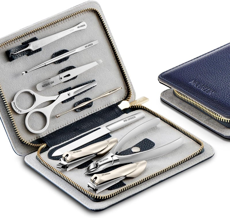 MRGREEN Innate Luxury Manicure Set Surgical Grade Scissors Stainless Nail Clipper Kit Full Grain Cow Leather Package Pedicure 9 in 1 Manicure Set