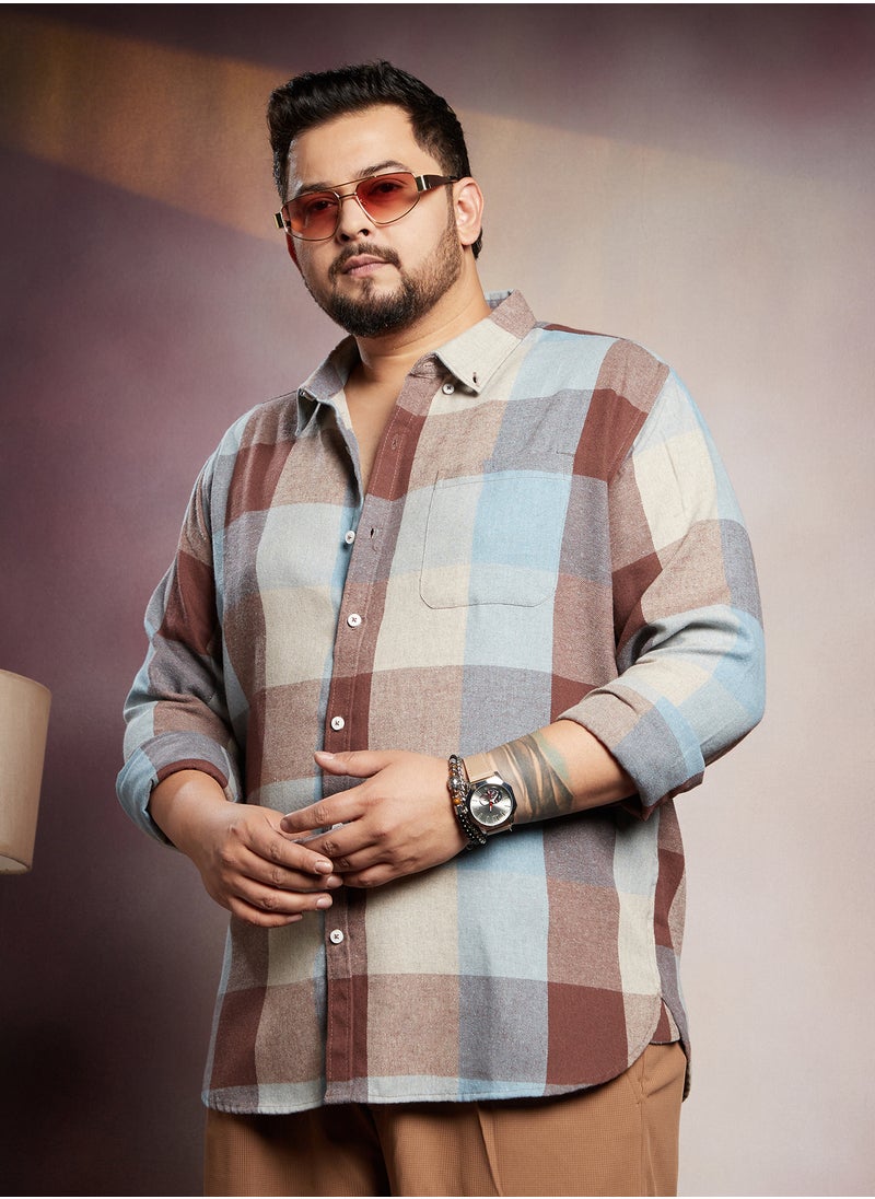 Instafab Plus Instafab Plus Men's Brown & Blue Buffalo-Block Regular Shirt For Casual Wear | Spread Collar | Long Cuffed Sleeves | Button Closure | Plus Size Shirt Crafted With Comfort Fit For Everyday Wear  - Image 1
