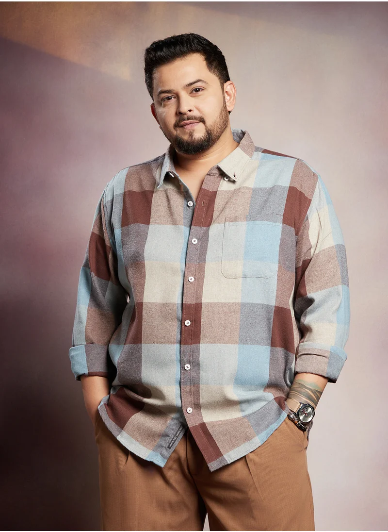 Instafab Plus Instafab Plus Men's Brown & Blue Buffalo-Block Regular Shirt For Casual Wear | Spread Collar | Long Cuffed Sleeves | Button Closure | Plus Size Shirt Crafted With Comfort Fit For Everyday Wear